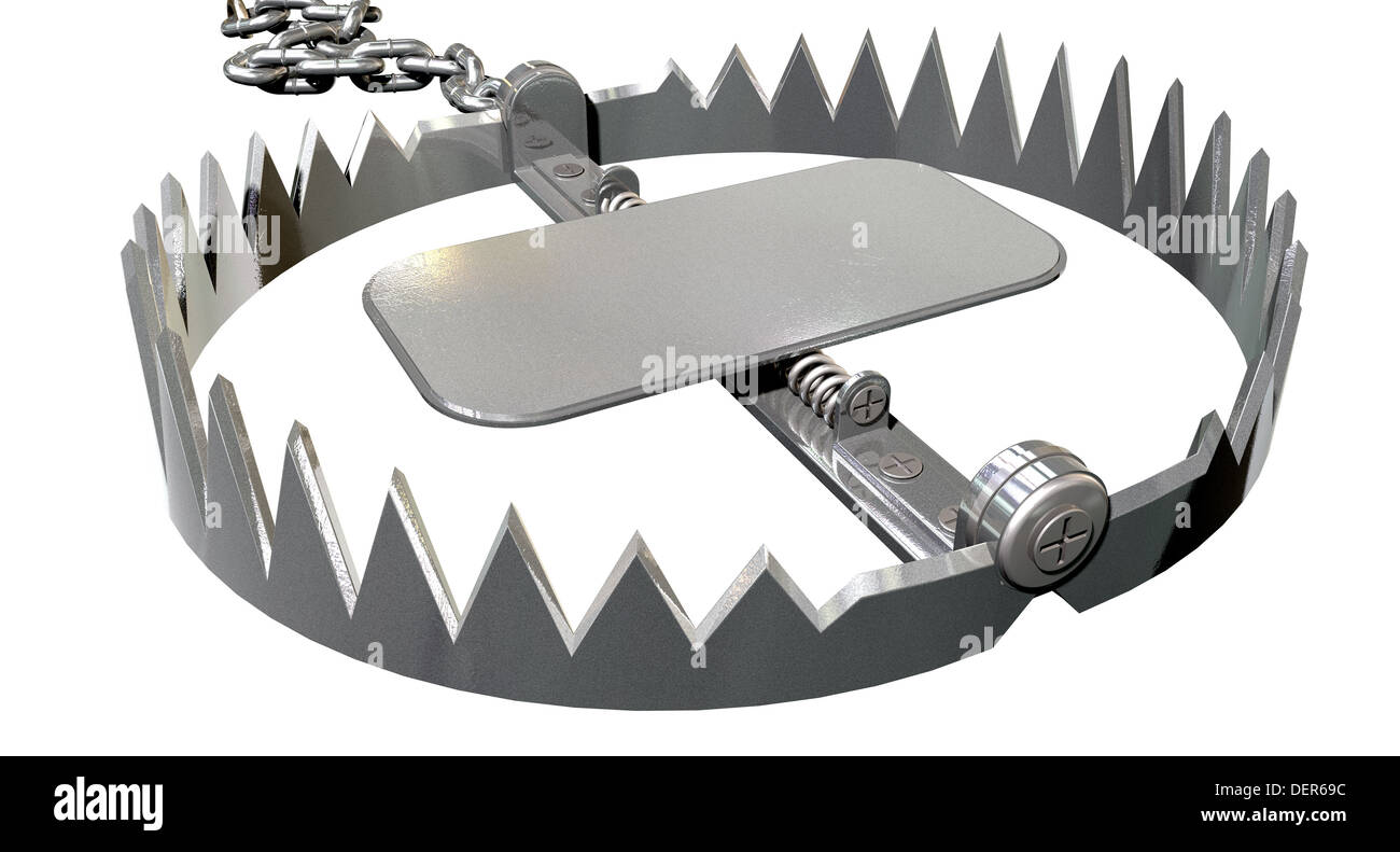 Un metallo animale trappola che è aperto fissato al terreno con una catena di metallo su un sfondo isolato Foto Stock