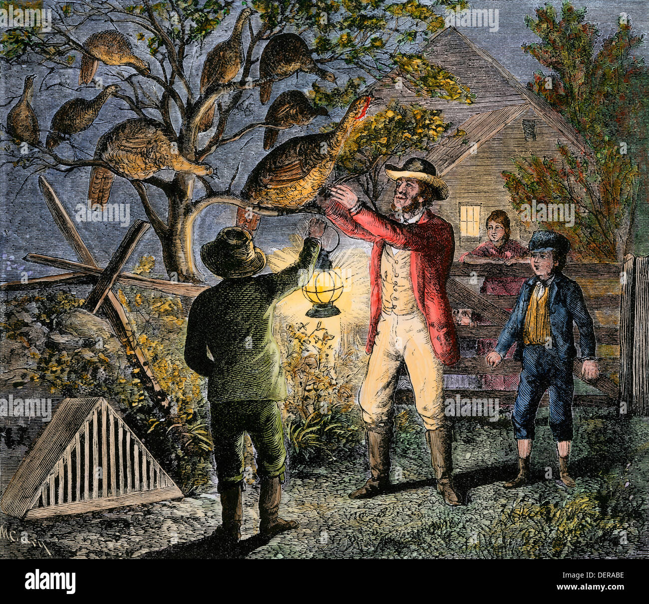 Agricoltore selezionando il tacchino per la cena di ringraziamento. Colorate a mano la xilografia Foto Stock