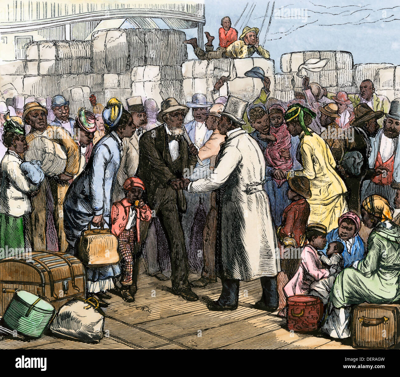 Afro-americani in movimento nord accolti presso il San Luigi steamboat dock, 1880. Colorate a mano la xilografia Foto Stock