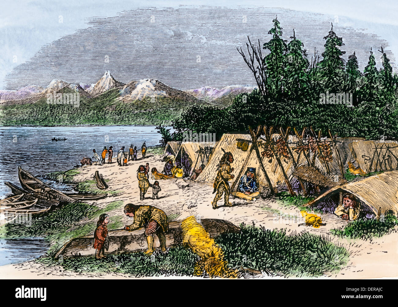 Native American accampamento sulla riva del Puget Sound, Washington. Colorate a mano la xilografia Foto Stock