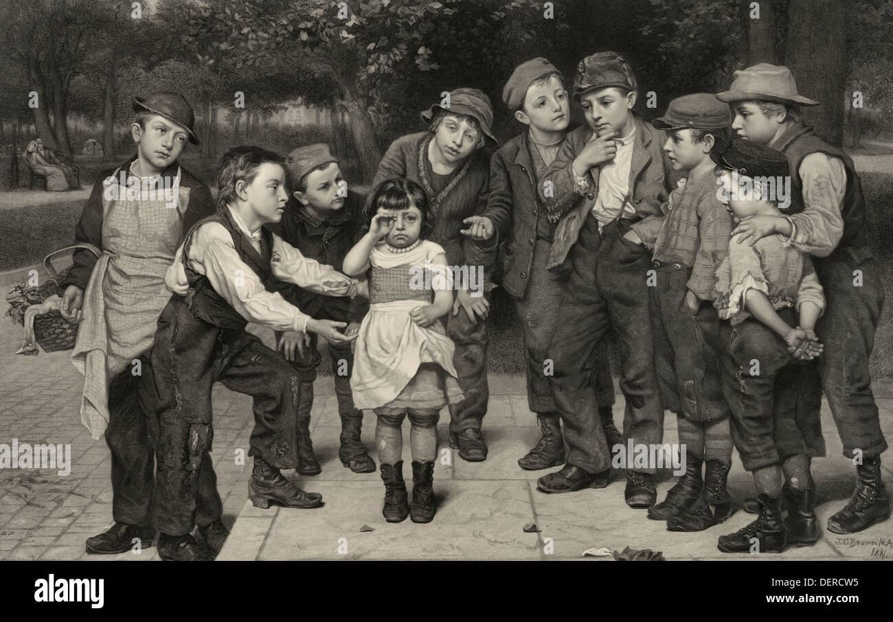 Il figlio perduto - pianto un po' persi ragazza circondata da utile boys, circa 1886 Foto Stock