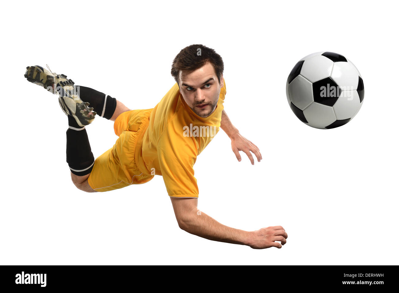 Giocatore di calcio voce isolata a sfera su sfondo bianco Foto Stock