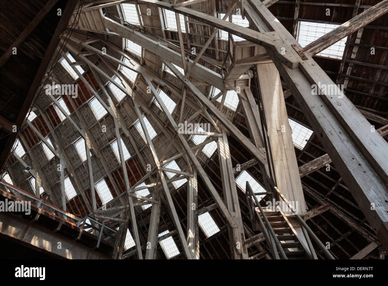 Il tetto in legno e pavimento di mezzanino nel grande spazio in edificio storico cantiere navale a Chatham, Kent, Inghilterra, Regno Unito, Gran Bretagna Foto Stock