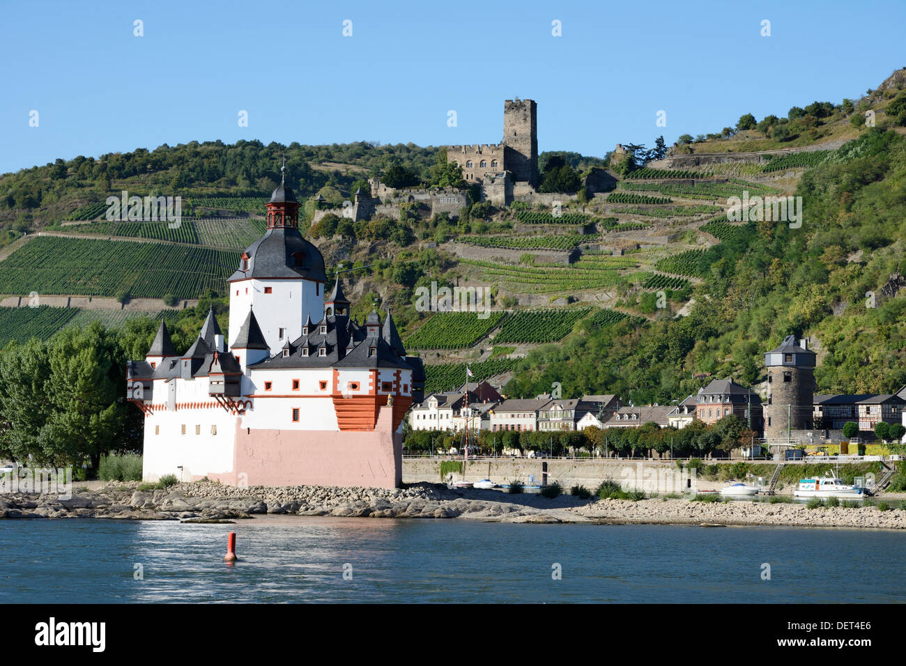 Il castello Pfalzgrafenstein su un isola nel fiume Reno a Kaub, Germania Foto Stock