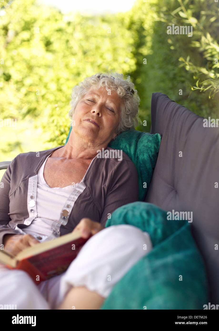 Senor donna seduta sulla poltrona con un libro e parlare di un NAP. Senior lady dormire nel cortile interno con un romanzo Foto Stock