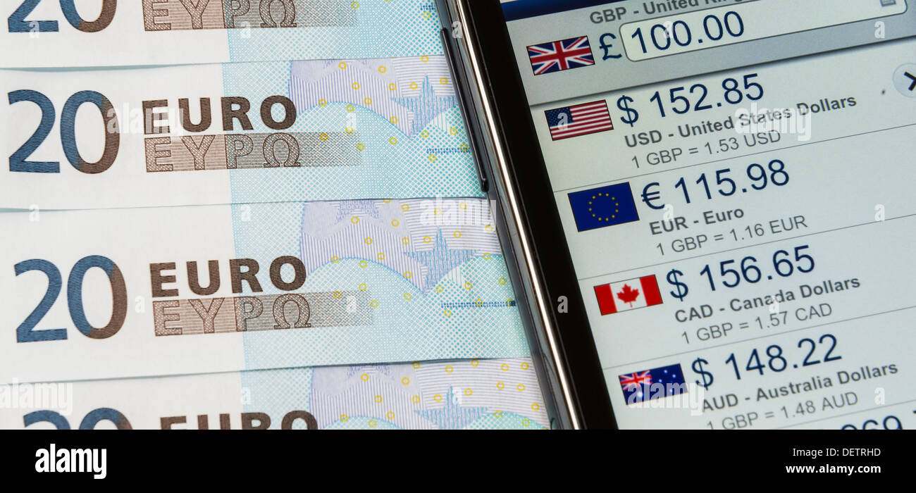 Telefono mobile app per la conversione di valuta & 20 le banconote in euro Foto Stock
