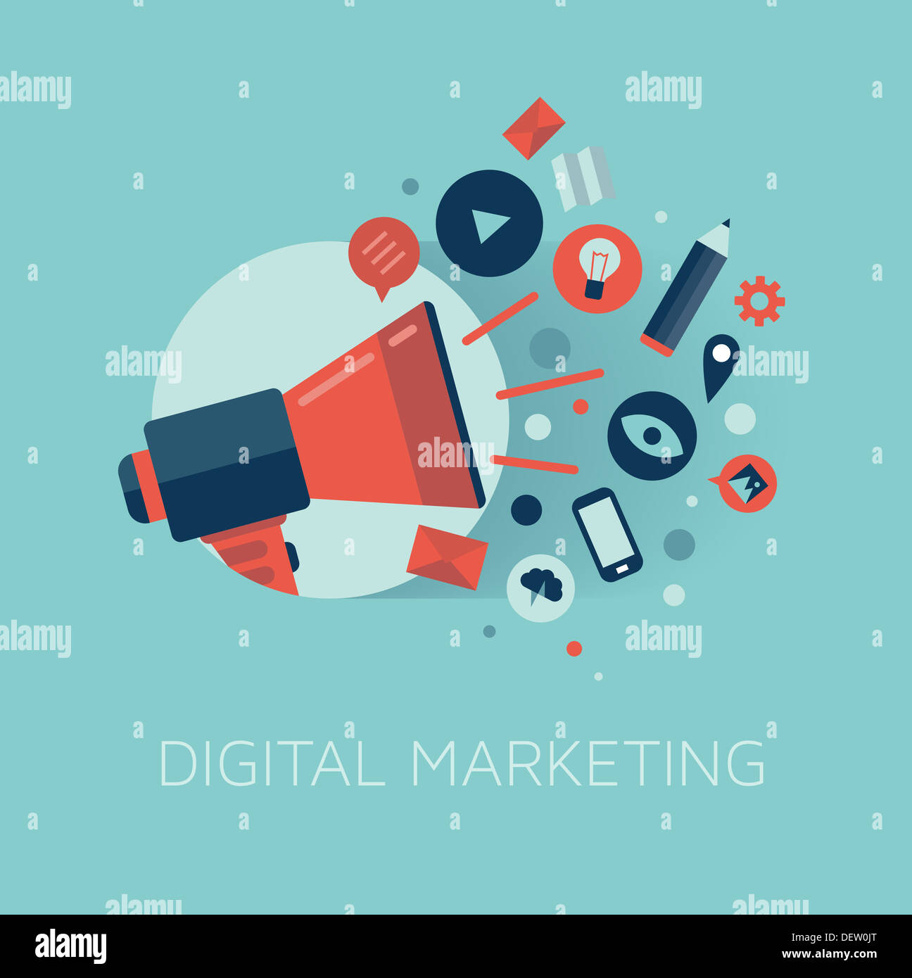 Elegante illustrazione del megafono con il cloud di colorate le icone delle applicazioni sul tema dei media. Il marketing digitale concetto. Foto Stock