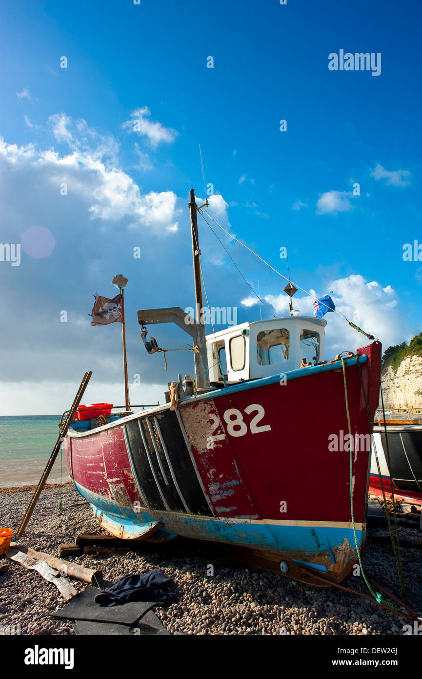 Barche di pescatori sulla spiaggia di ciottoli su Jurassic Coast presso la birra, Devon, Inghilterra, Regno Unito Foto Stock