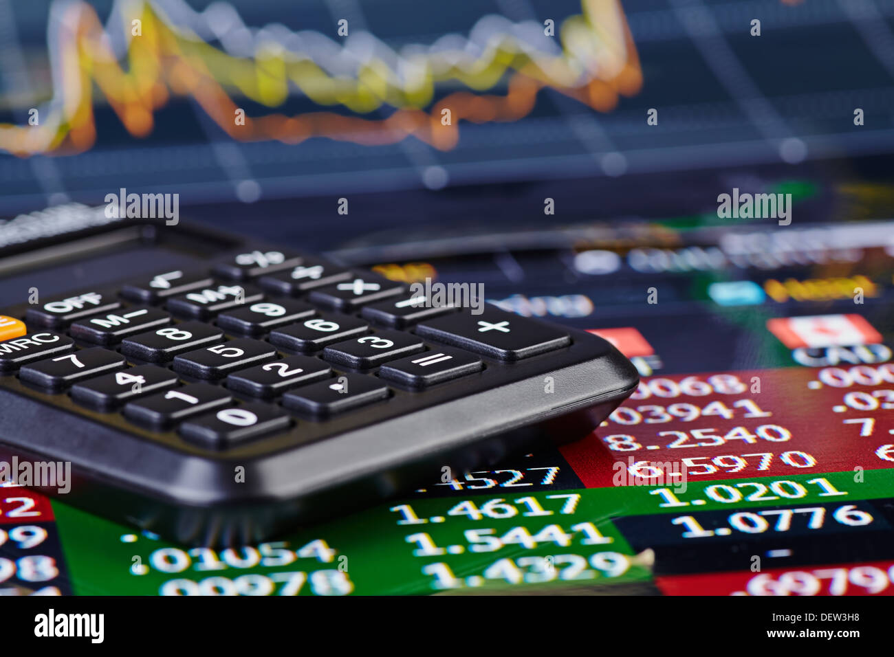 Calcolatrice finanziaria e grafico come sfondo. Messa a fuoco selettiva Foto Stock