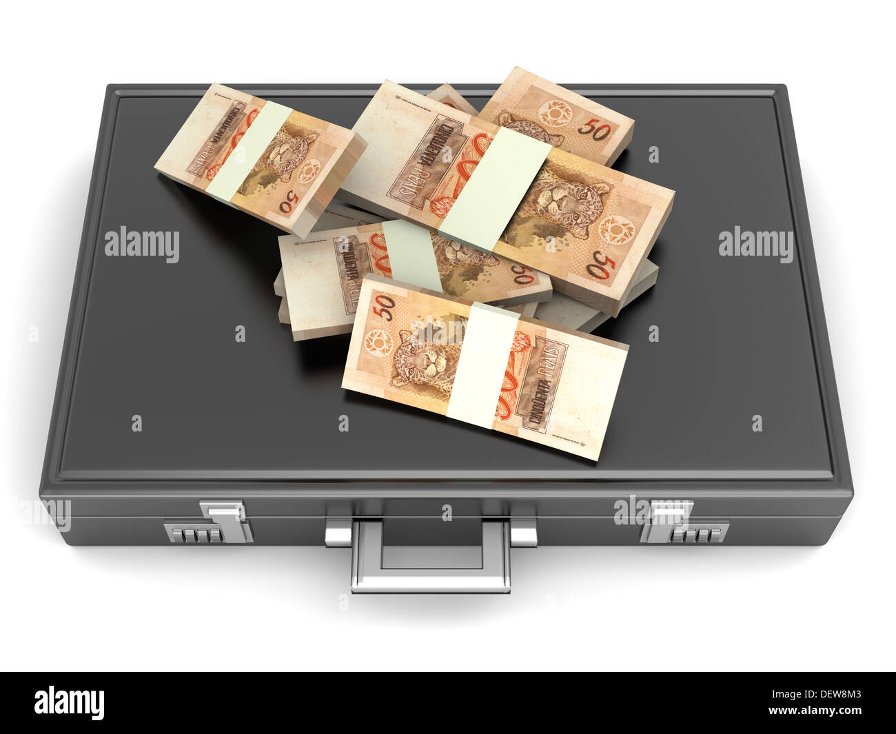 Una valigetta e ai Reales in contanti. 3D reso illustrazione. Foto Stock