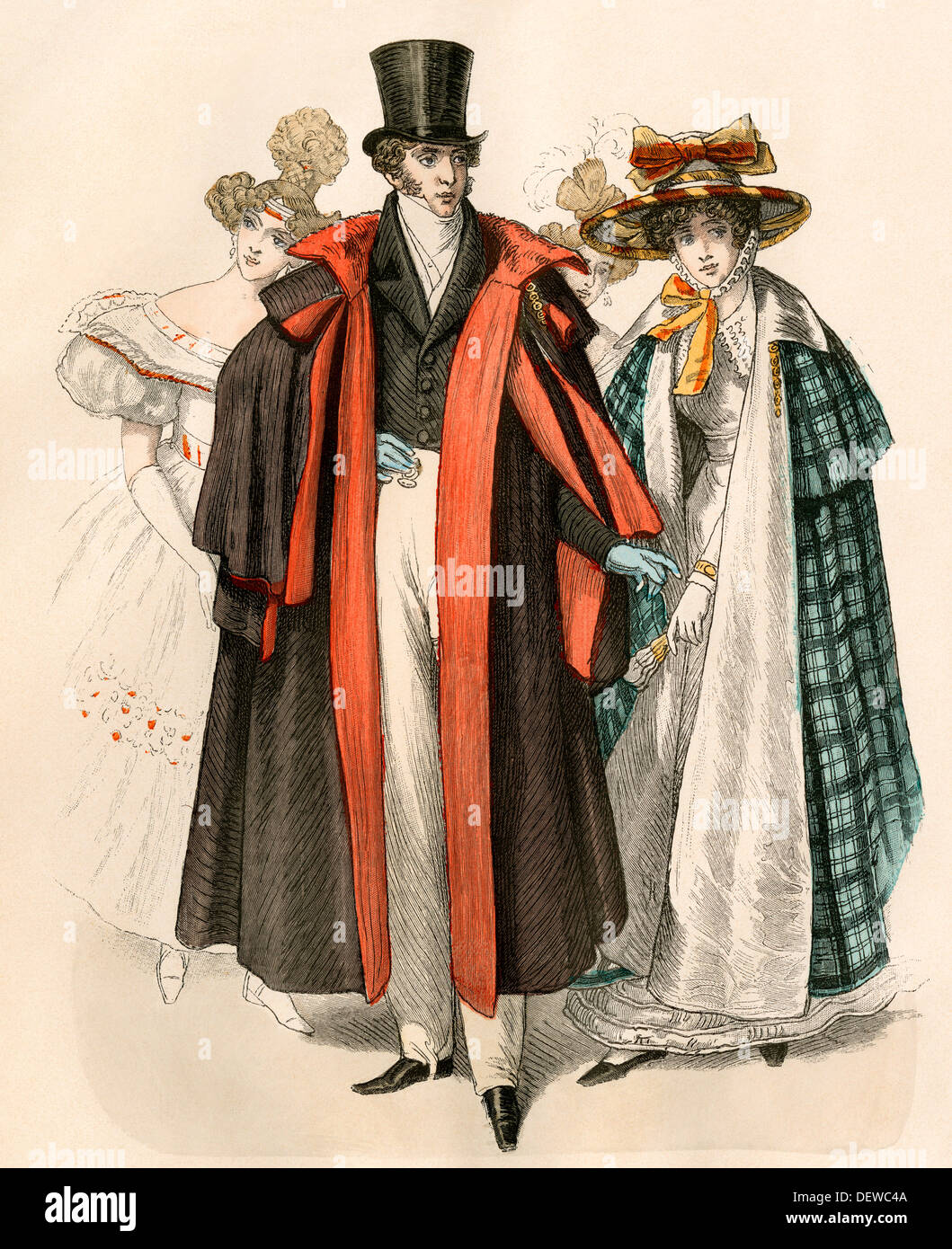 Moda europea di 1820s, con l uomo e la donna in greatcoats e cappelli. Litografia a colori Foto Stock