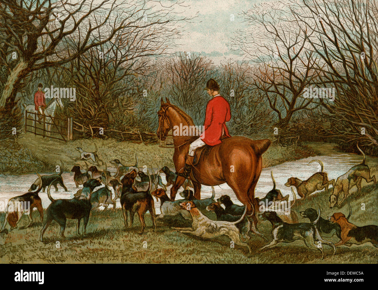 Huntsman con tracciamento foxhounds un profumo attraverso un ruscello, Inghilterra, 1800s. Litografia a colori di un G. L. Harrison illustrazione Foto Stock