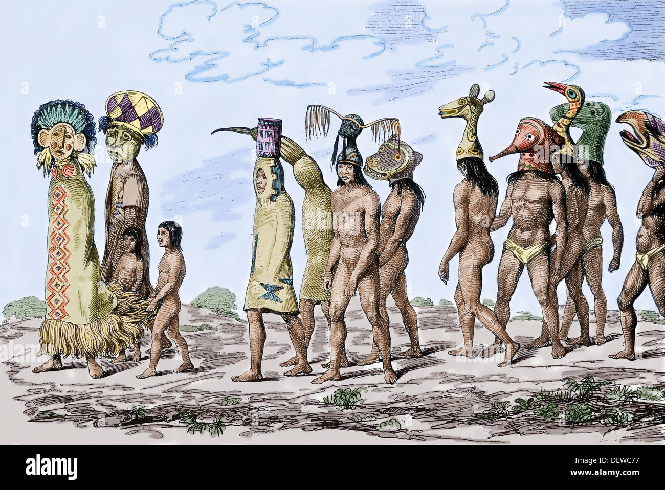 America. Il Brasile. Cerimonia di danza del Tecunas, Brasile centrale. 1840. Xix secolo. Incisione. Colorazione successiva. Foto Stock