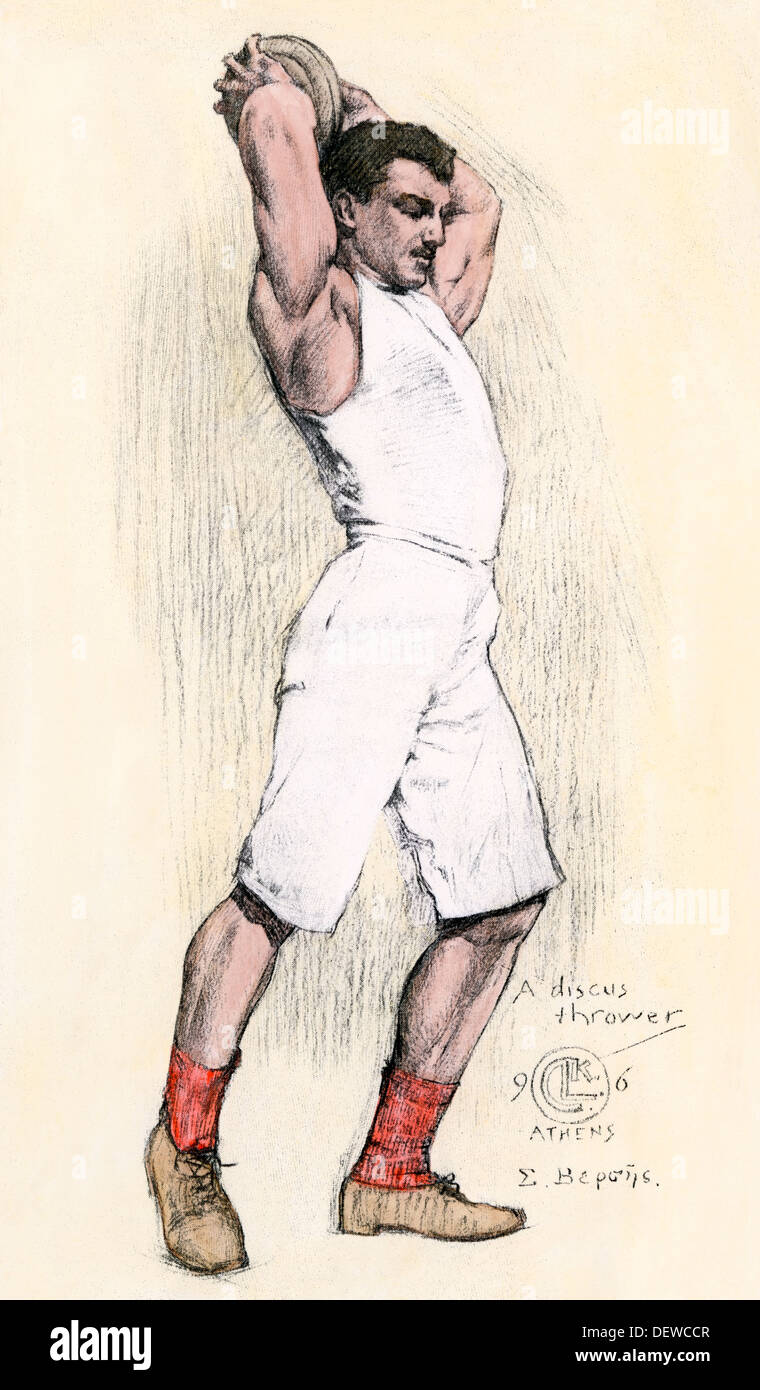 Discus thrower ai Giochi Olimpici di Atene, 1896. Colorate a mano la xilografia Foto Stock