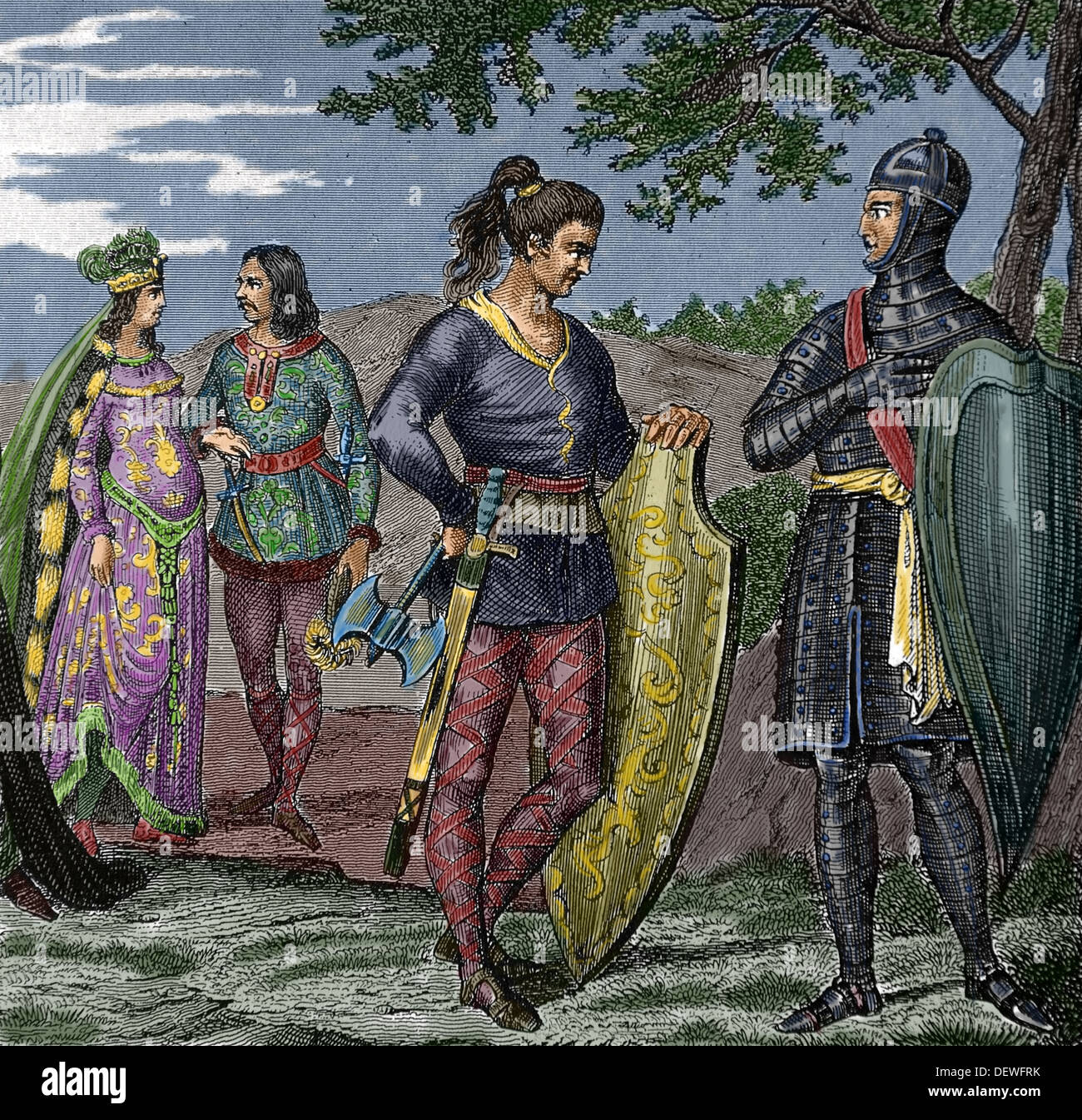 Primo Medioevo. I Franchi. Leader e guerriero. Incisione colorata. (Dopo colorazione). Foto Stock