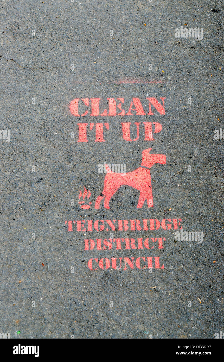 'Clean it up" segno dipinto sul sentiero da Teignbridge consiglio del distretto a Ashburton, Devon Foto Stock