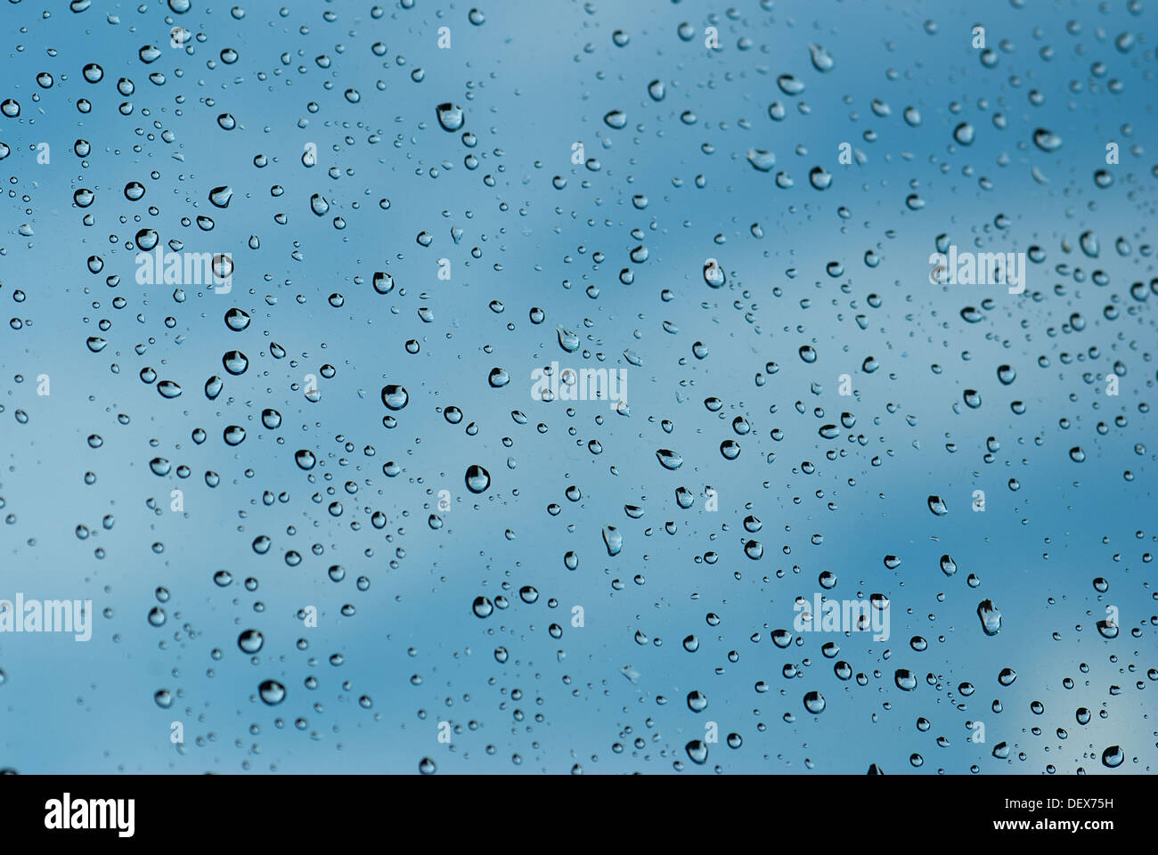 Gocce di pioggia sulla finestra contro il cielo Foto Stock
