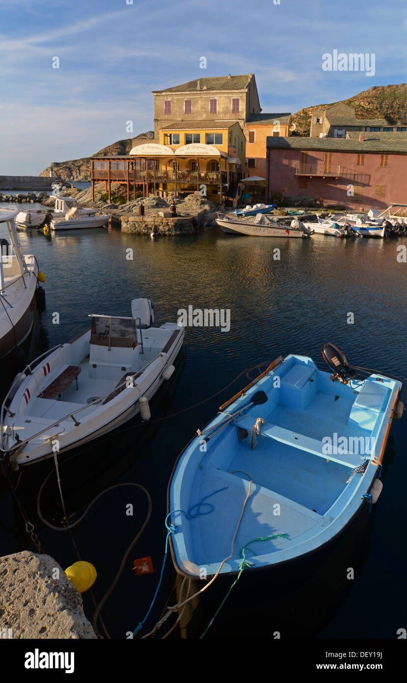 Piccole barche nel porto di Centuri-Port illuminato dalla calda luce della sera nel nord del Cap Corse, Corsica, Francia, Europa Foto Stock