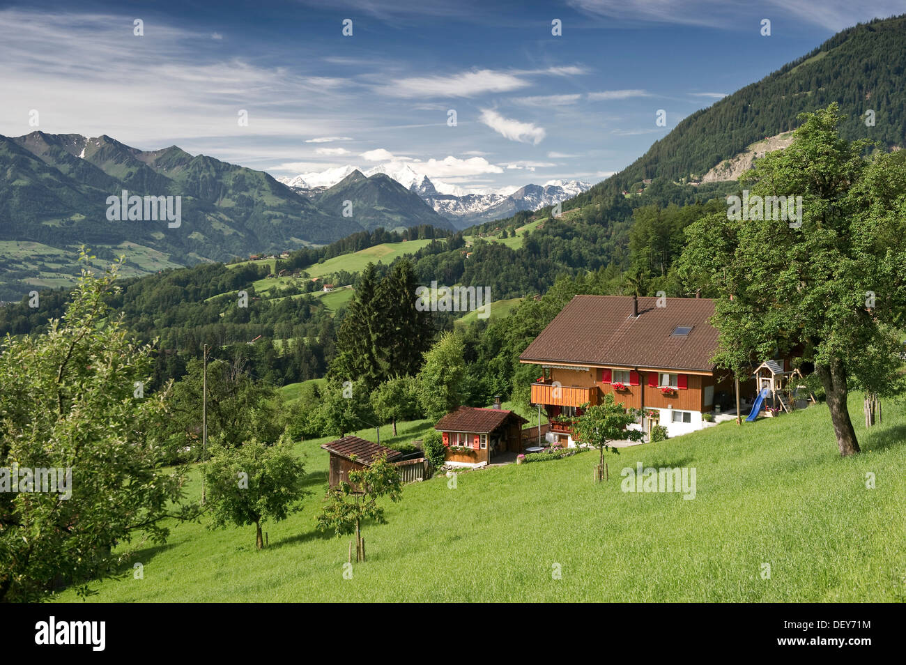 Fattorie sul Monte Pilatus, guardando ad ovest verso l'Oberland Bernese, cantone di Oberwalden, Svizzera, Europa Foto Stock