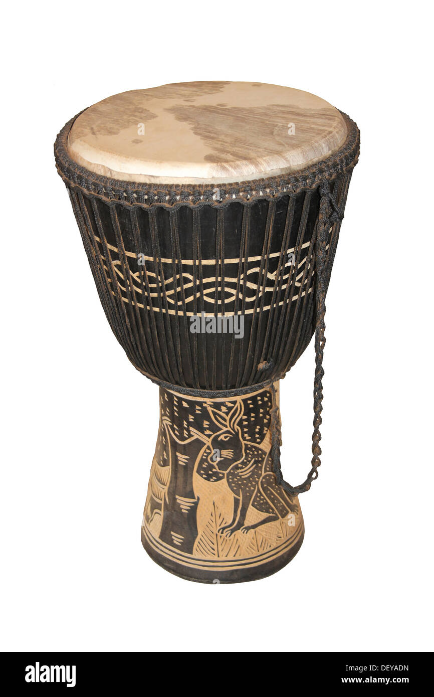 Modern West African Djembe tamburo decorato con design di lepre Foto Stock