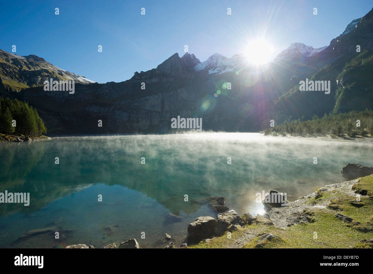Nebbia di mattina, Oeschinensee lago, Kandersteg, Oberland bernese, il Cantone di Berna, Svizzera, Europa Foto Stock