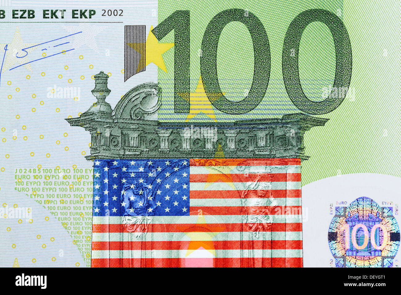 Euro con bandiera degli Stati Uniti, simbolico foto zona di commercio estero tra Stati Uniti e Unione europea Foto Stock