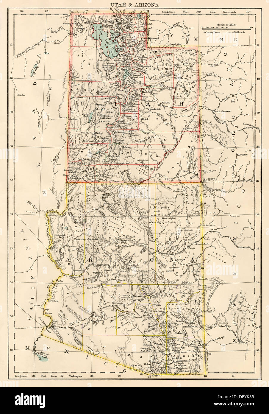 Mappa di Utah e Arizona territori, 1870s. Litografia a colori Foto Stock