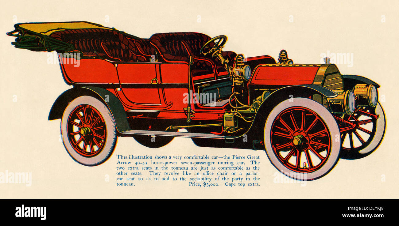 Pierce grande freccia automobile, 1907, 40-45 CV, 7 passeggero touring car, prezzo di $5.000. Litografia a colori Foto Stock