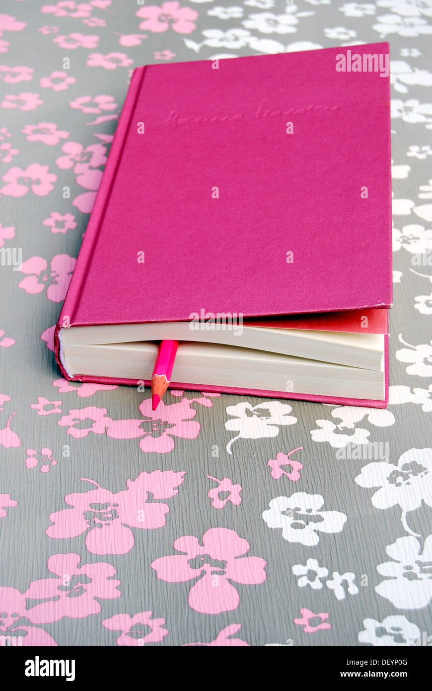 Chiuso libro rosa con penna come un segnalibro su disegno floreale Foto Stock