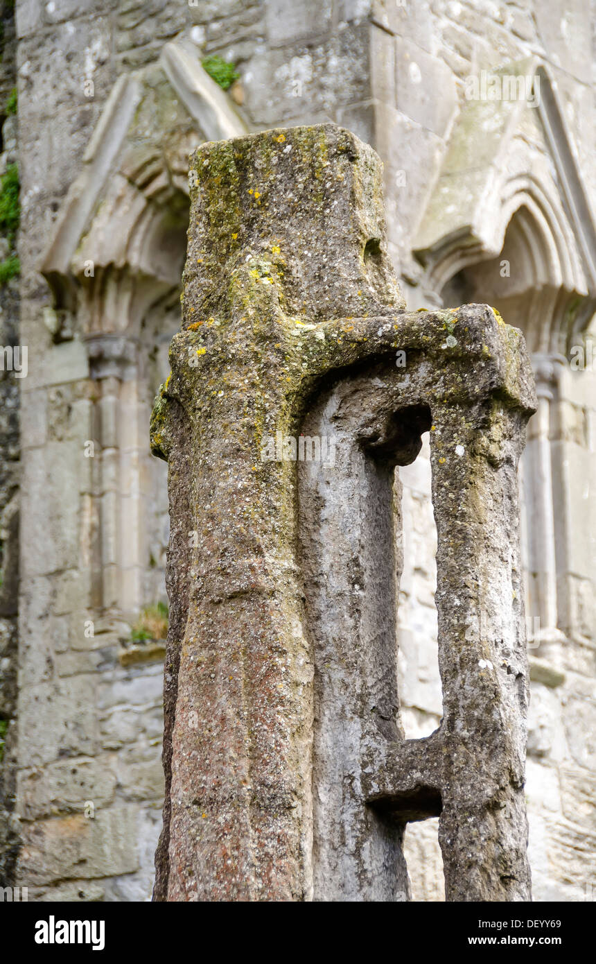 Replica all'aperto della Croce di San Patrizio in stile latino senza anello di sun a san Patrizio Rocca di Cashel Tipperary Irlanda Foto Stock