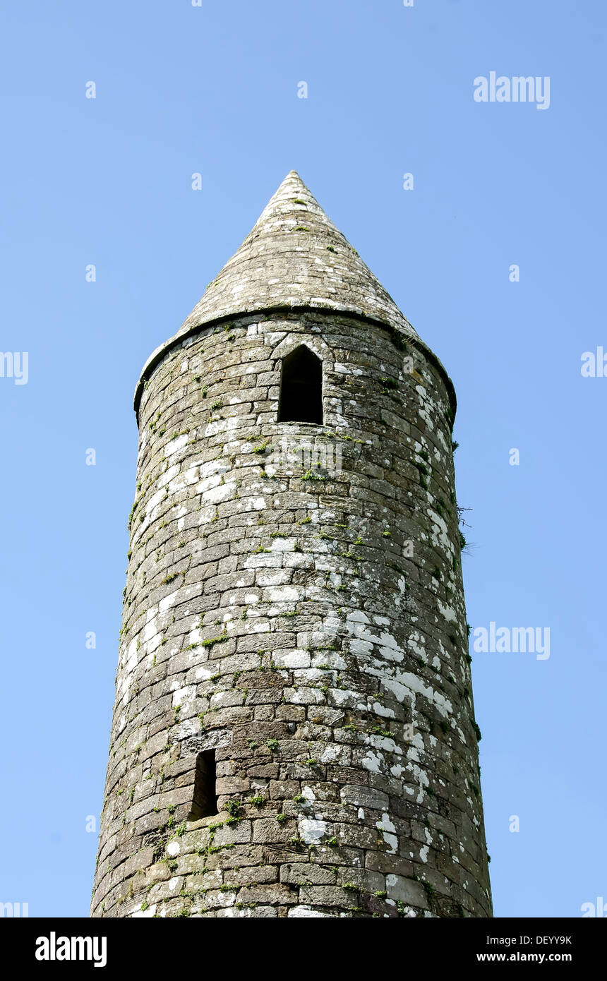 Top appuntita della 90-piede round tower circa 1100 a San Patrizio Rocca di Cashel Irlanda Contea di Tipperary Foto Stock
