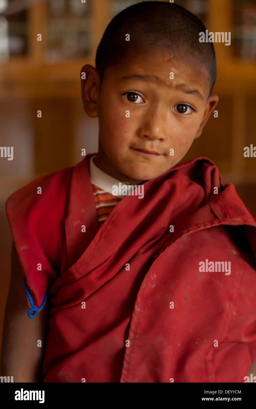 India, Jammu e Kashmir, Ladakh, ritratto di una giovane monaco al monastero di Rizong Foto Stock