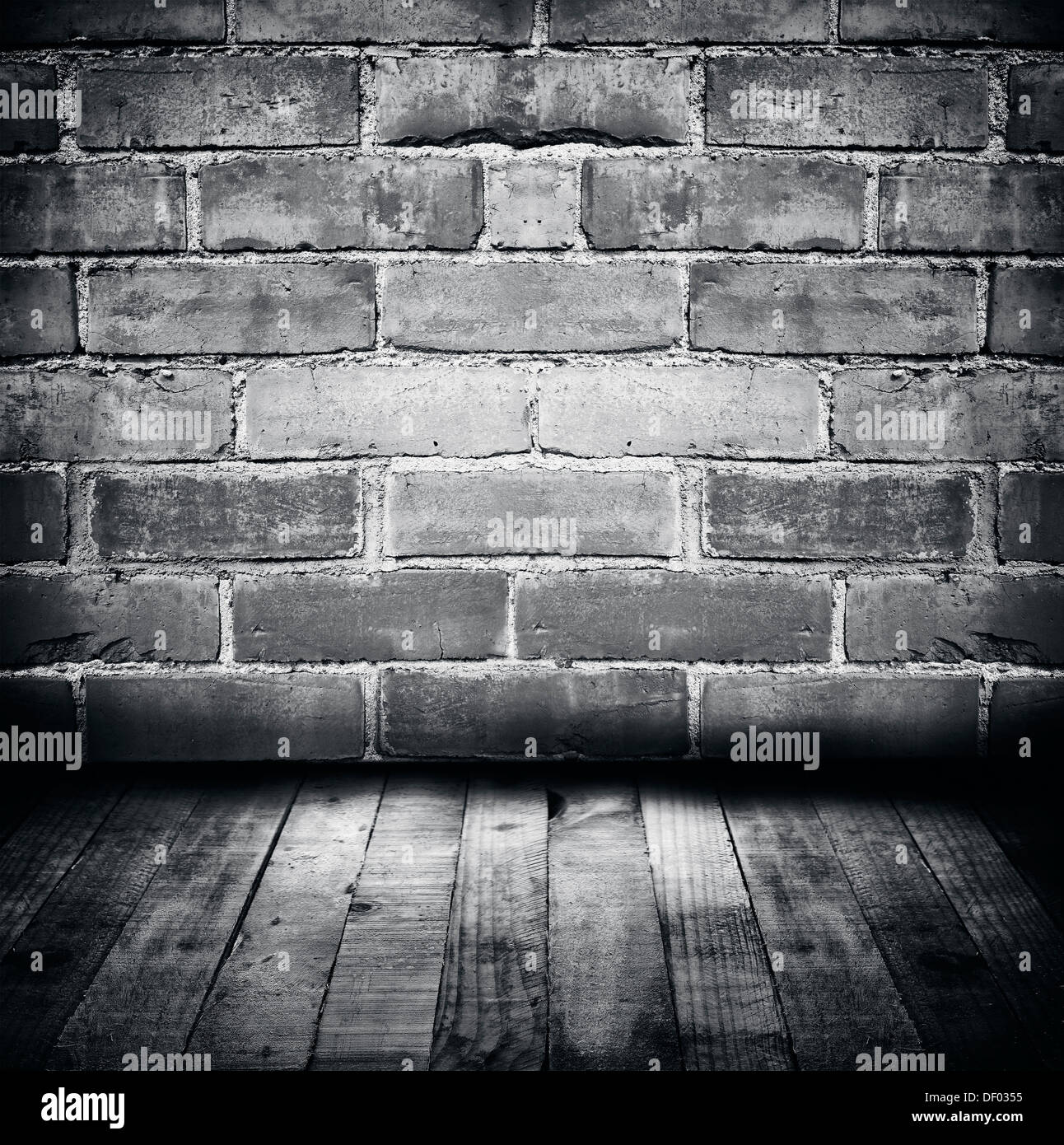 Assi di legno e muro di mattoni Foto Stock