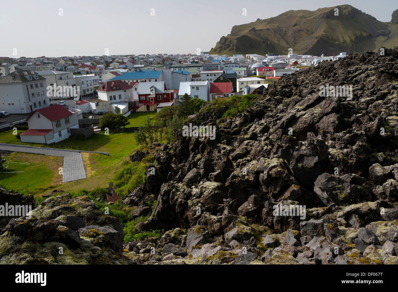Eldfell campo di lava, città di Vestmannaeyjar, Isola di Heimaey, Isole Westman, Suðurland o Sud dell'Islanda, Islanda, Europa Foto Stock