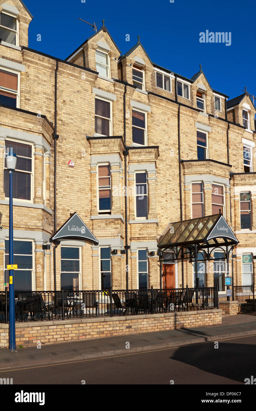 Gli sbarchi vacanza fronte mare alloggio in Filey, North Yorkshire, Inghilterra, Regno Unito. Foto Stock