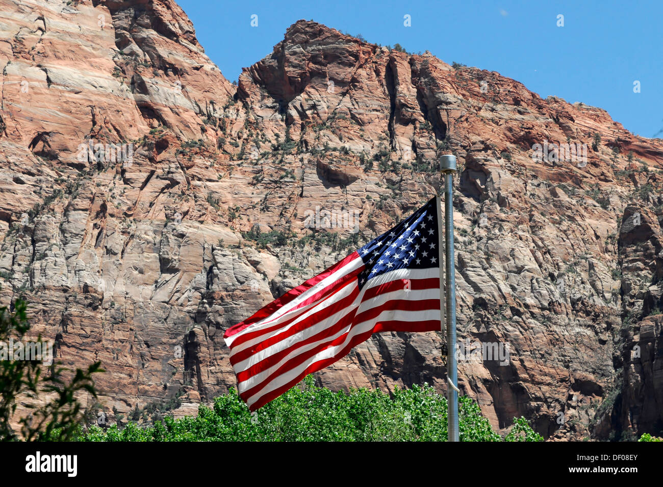 Bandiera degli Stati Uniti battenti di fronte le formazioni rocciose del Parco Nazionale di Zion, Utah, Stati Uniti d'America, America del Nord Foto Stock