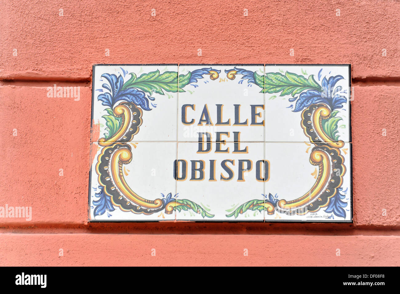 Piastrellate strada segno, Calle del Obispo, Havana Centrale, Centro Habana, Cuba, Antille Maggiori, Caraibi, America Centrale, America Foto Stock