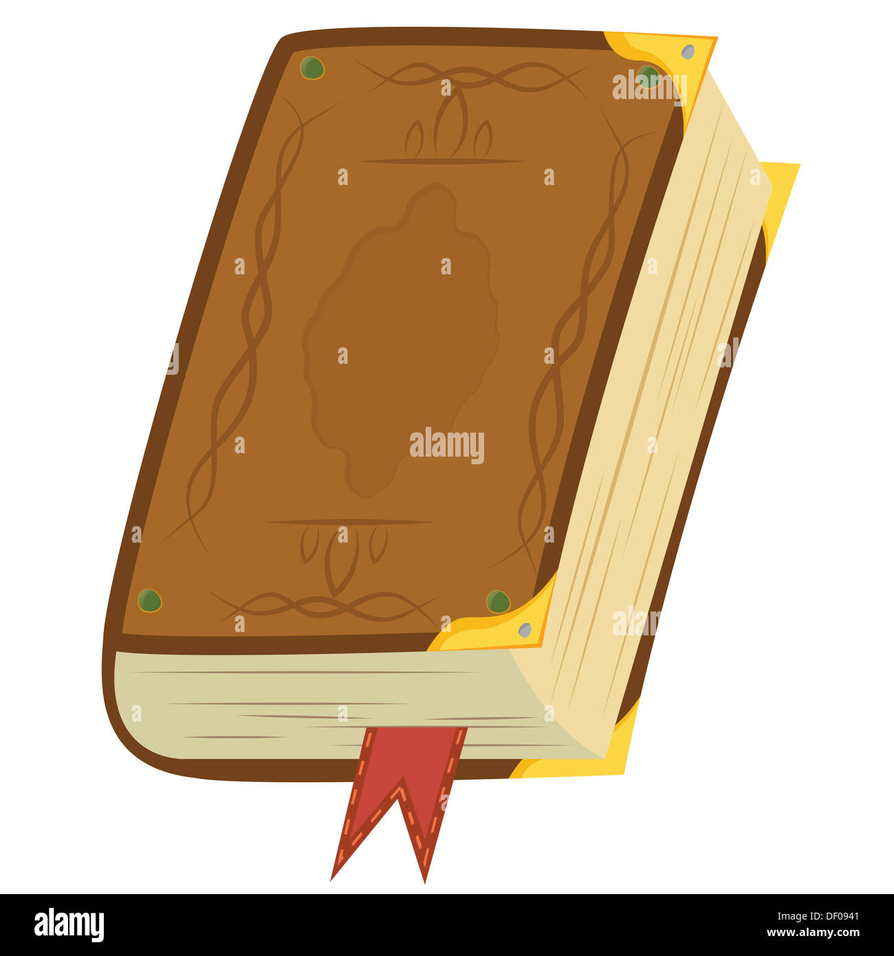 Giallo libro magico con segnalibro e angoli d'oro. Foto Stock
