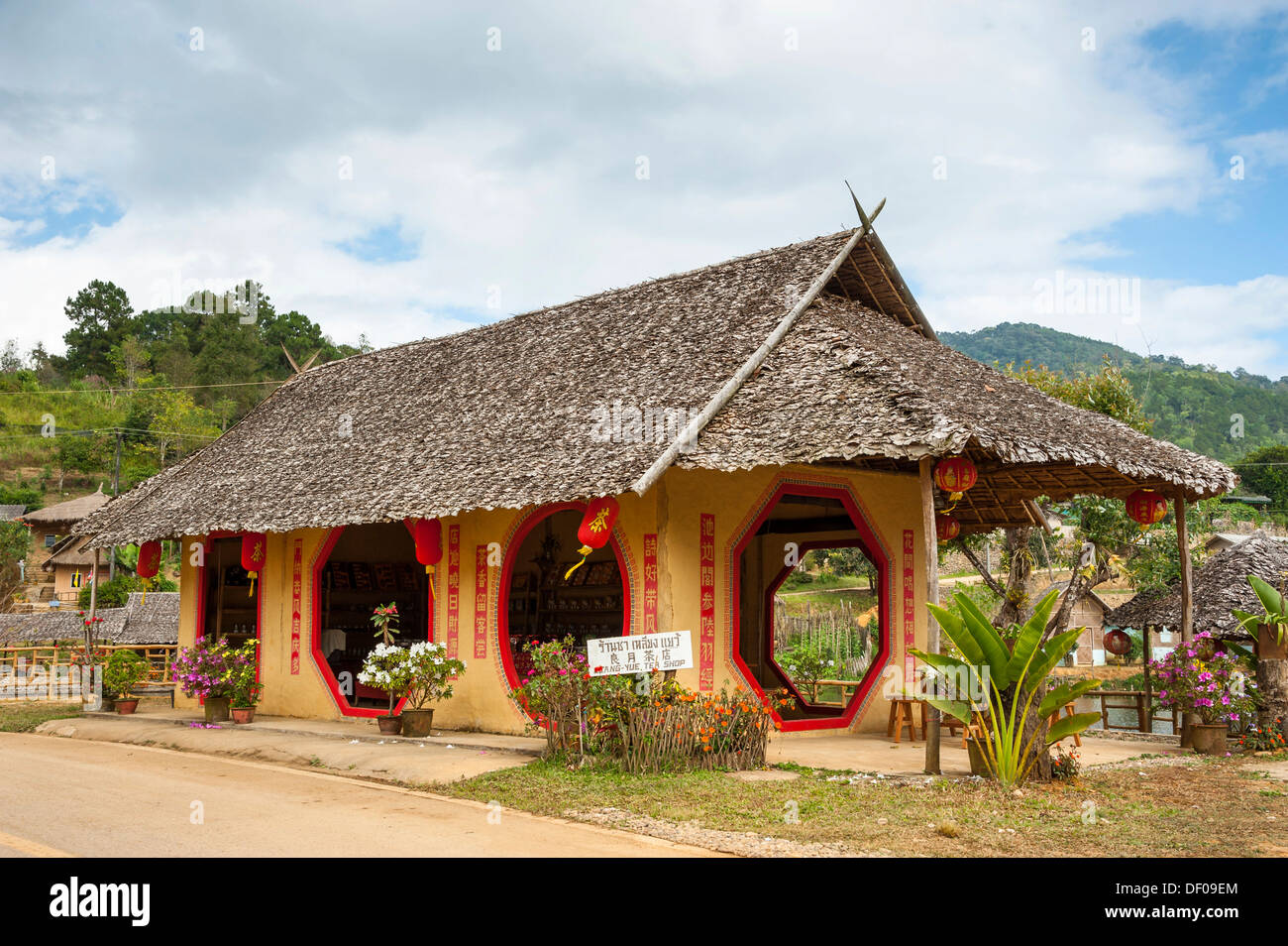 Negozio di tè in un villaggio della minoranza cinese al confine con il Myanmar, Ban Rak Thai o Mae Aw, Thailandia del Nord della Thailandia Foto Stock