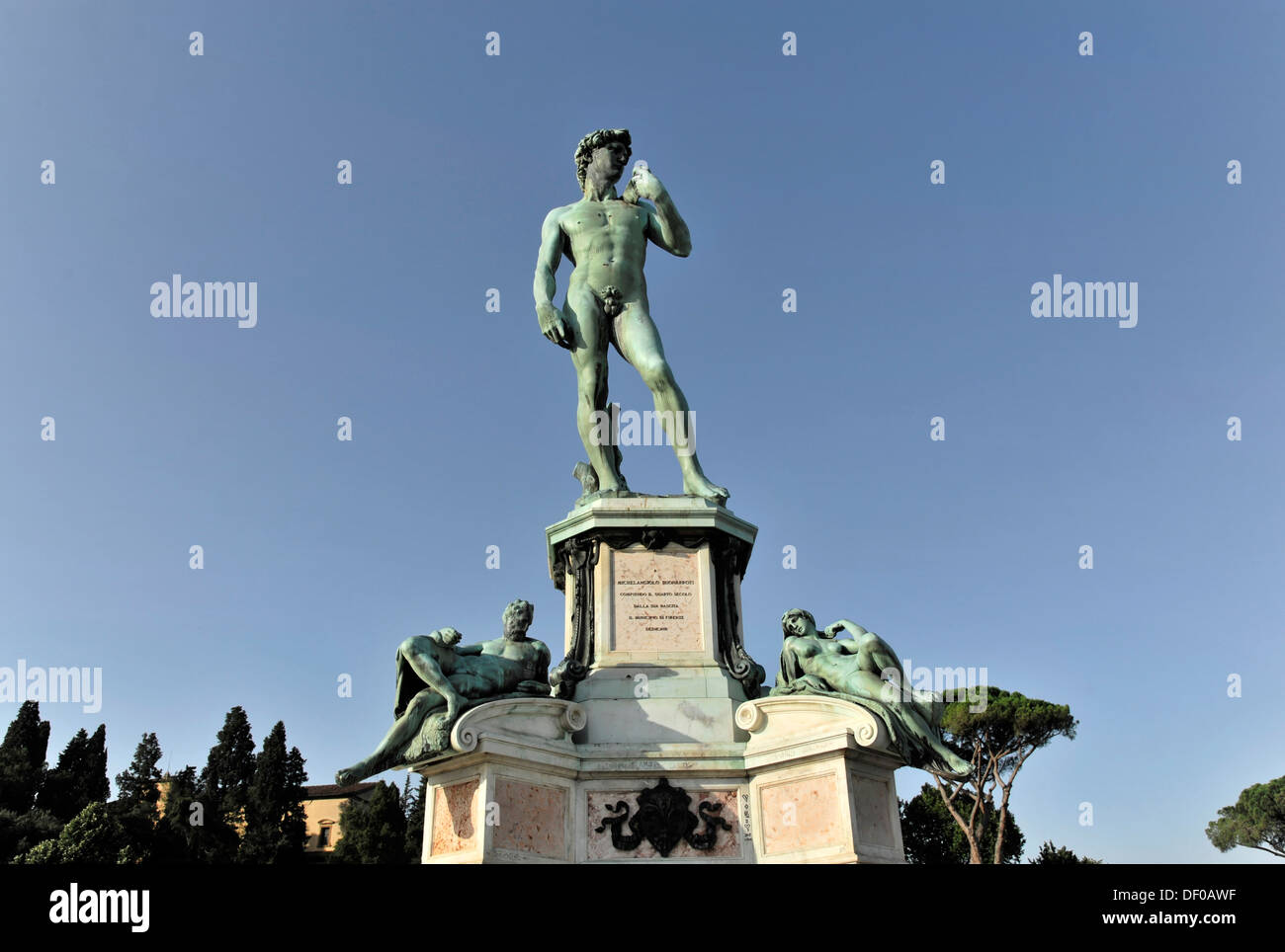 David statua in bronzo, replica al Piazzale Michelangelo, Piazza Firenze, Toscana, Italia, Europa Foto Stock