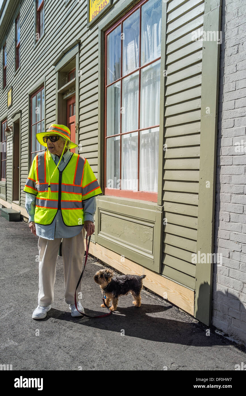 Una donna anziana in luminoso giallo-verde fluorescente giubbotto di sicurezza e hat cammina il suo cane in Waldoboro, Maine. Foto Stock