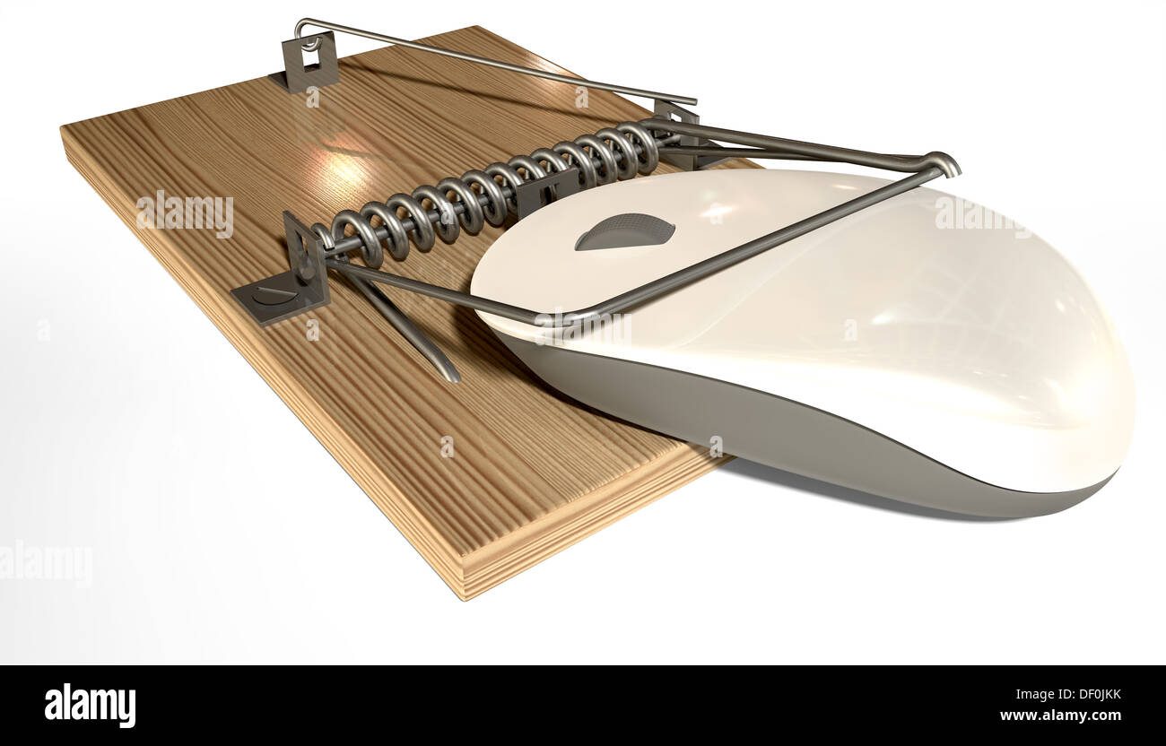 Un normale legno e metallo mousetrap con un bianco il mouse del computer intrappolato in essa isolato su un background Foto Stock