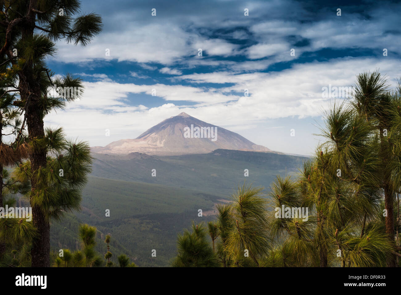 Il grande stratovulcano di El Teide, attraverso la valle di Orotava, dal Mirador de Chipeque, Tenerife, Foto Stock