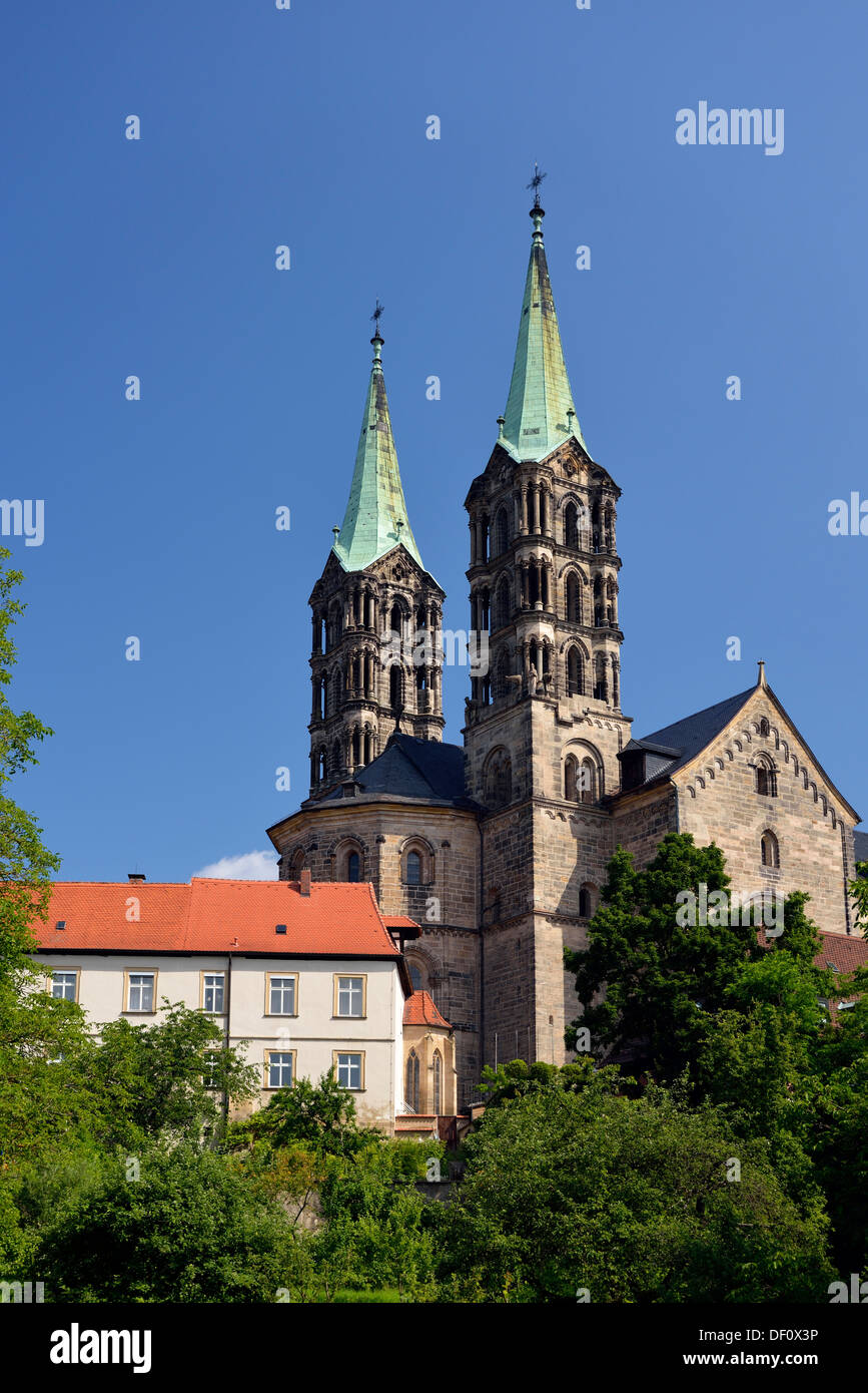 Ad ovest le torri della cattedrale di San Pietro e Georg a Bamberg, Bamberg, Westtuerme des Dom St Peter und Georg in Bamberg Foto Stock