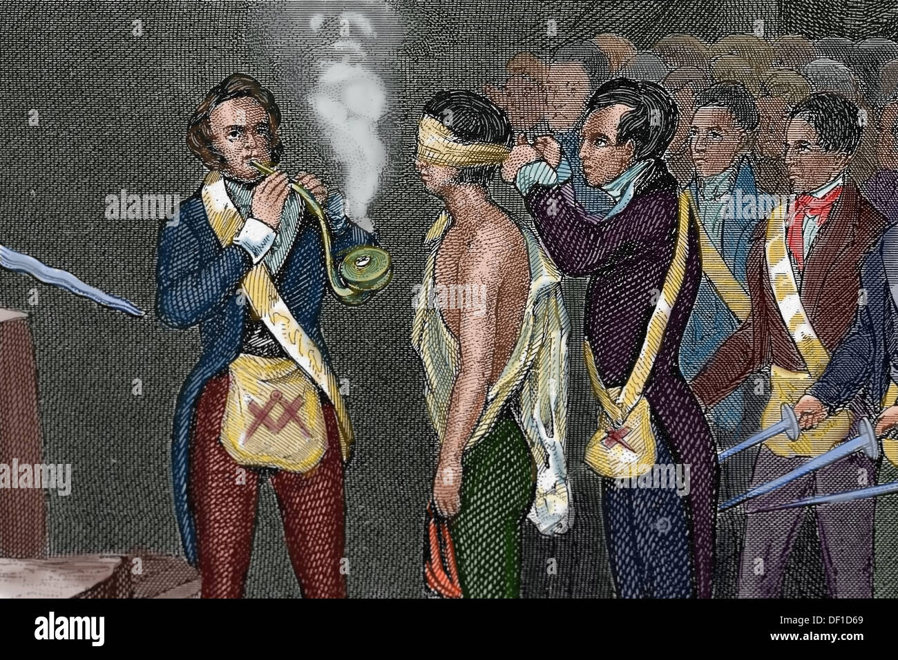 Freemasonery. Initation del master. Incisione. (Dopo colorazione). Foto Stock