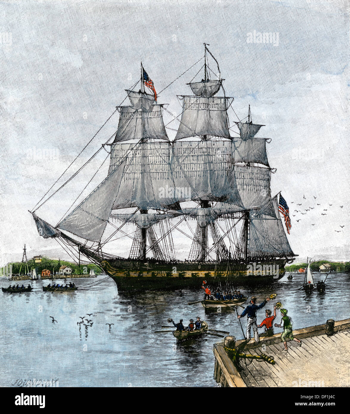 USS "Costituzione" trainato fuori del porto di Boston, 1812. Colorate a mano la xilografia Foto Stock