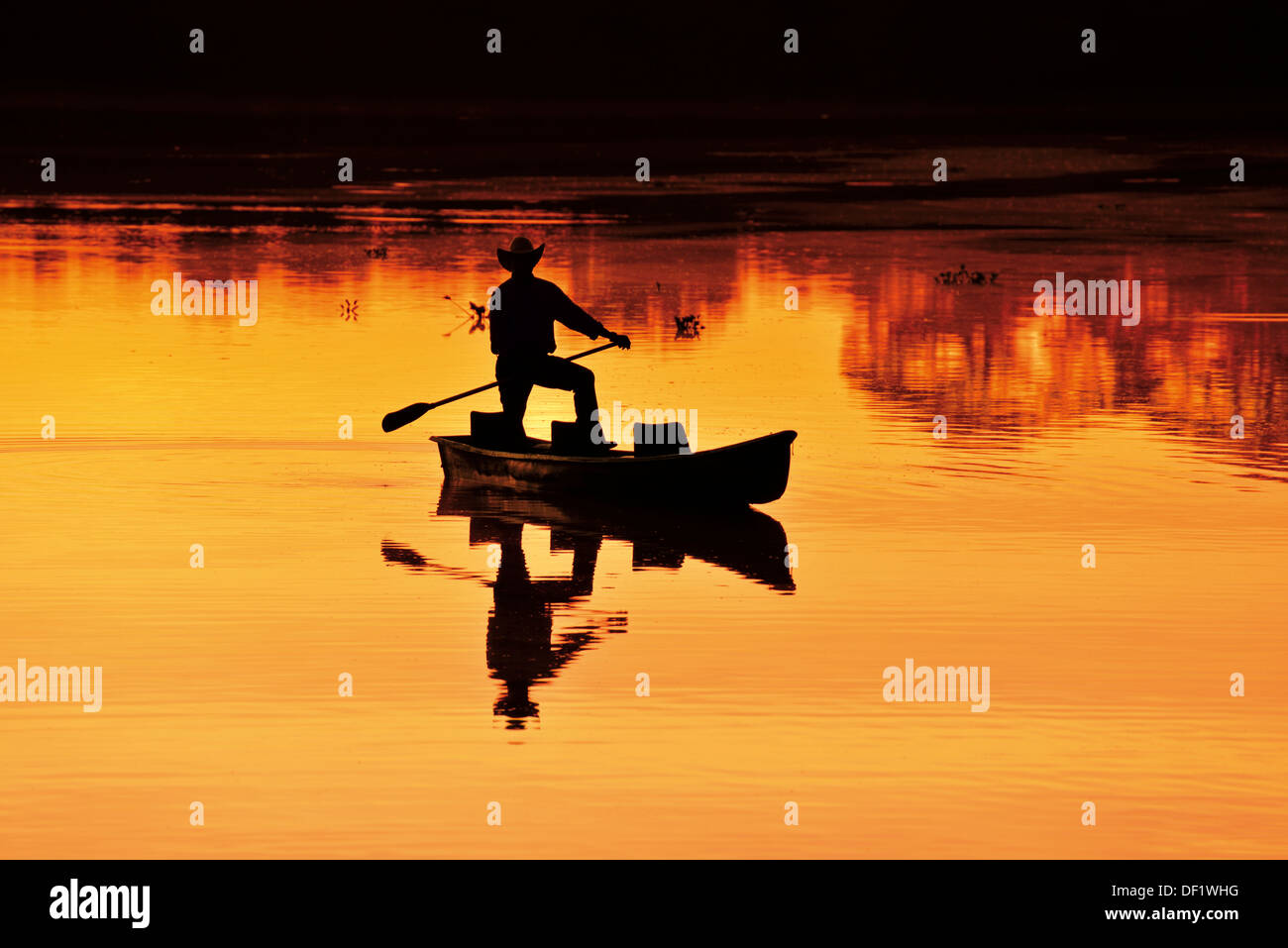 Il Brasile, Pantanal: Scenic sunrise con la sagoma di un uomo in una barca Foto Stock