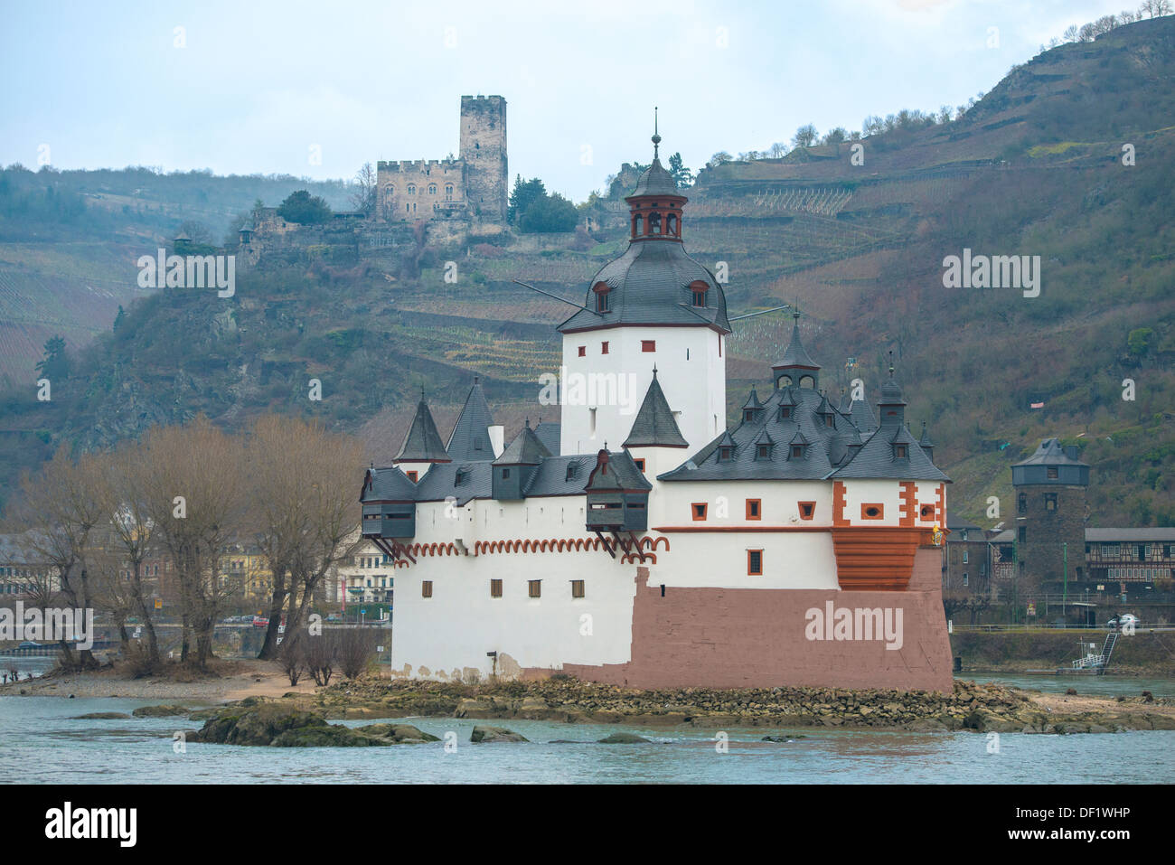 Il castello Pfalzgrafenstein sull isola Falkenau, Reno, Germania Foto Stock