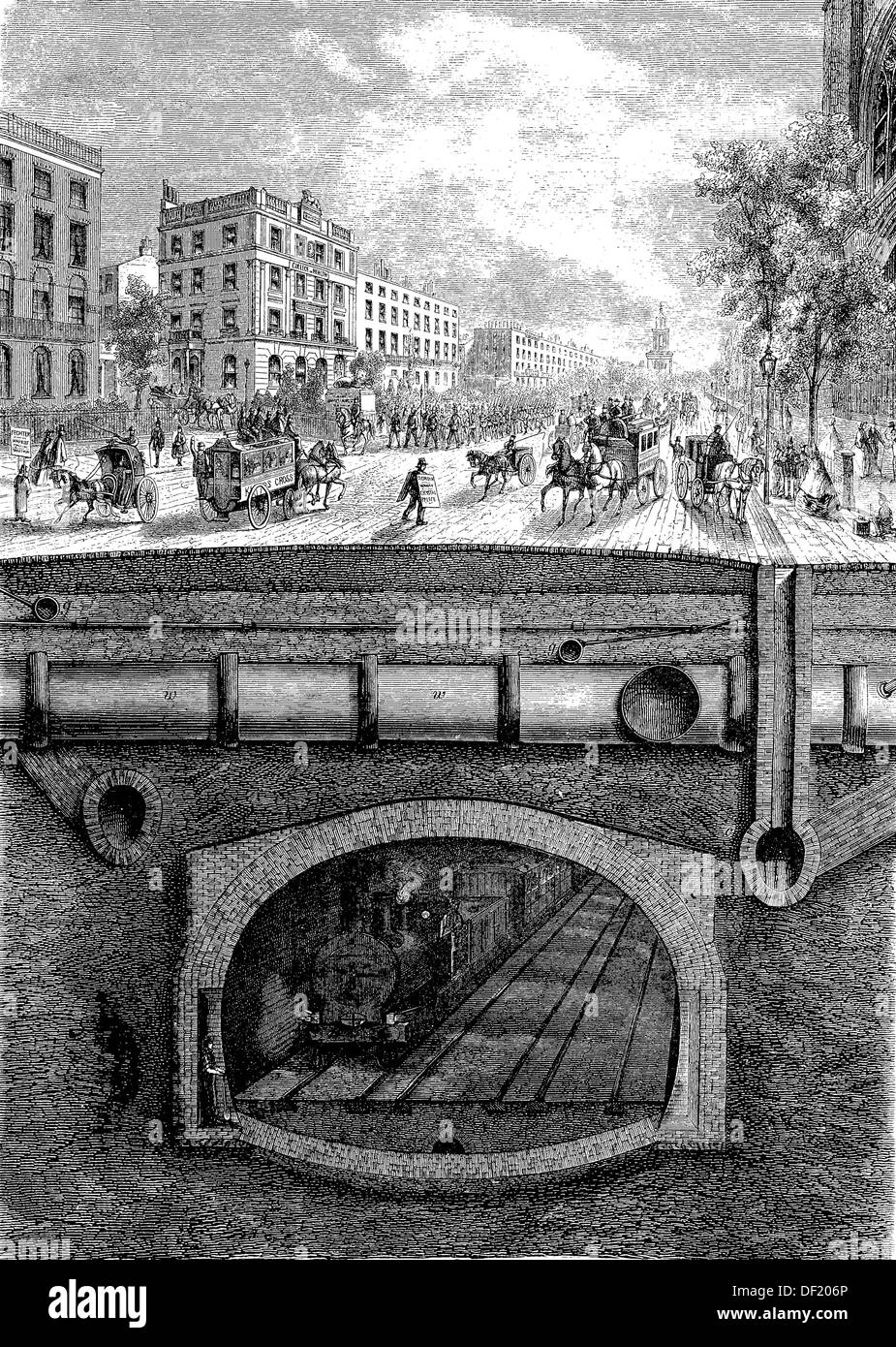 Sopra e sotto il suolo a Londra, xilografia dal 1864 Foto Stock