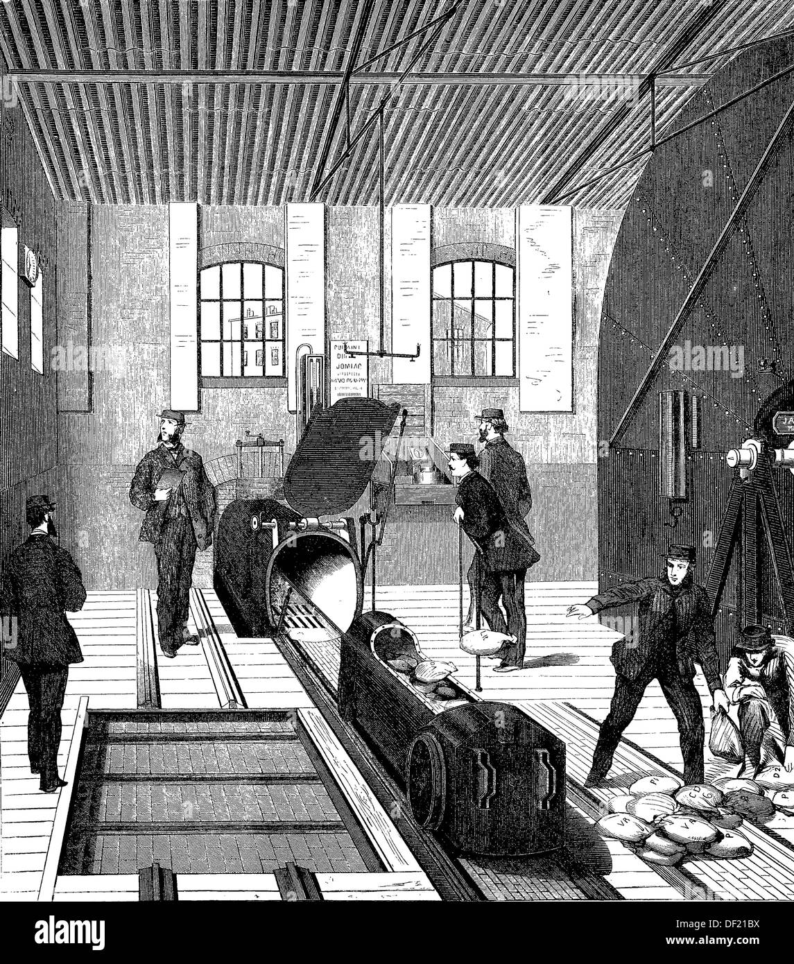 Uscita del pneumatico di spedizione dalla stazione principale del treno per la stazione di Euston Road a Londra, xilografia dal 1864 Foto Stock